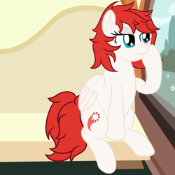 Size: 2000x2000 | Tagged: safe, alternate version, artist:mariculture, oc, oc only, oc:peppermint preen, pegasus, pony, bored, female, folded wings, hoof on cheek, mare, solo, train, wings