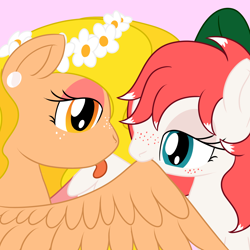 Size: 2000x2000 | Tagged: safe, artist:mariculture, oc, oc only, oc:peppermint preen, oc:premarital preening, pegasus, pony, bow, colored wings, duo, duo female, ear piercing, earring, female, floral head wreath, flower, freckles, grooming, hair bow, jewelry, licking, mare, multicolored wings, piercing, pink background, preening, simple background, spread wings, tongue out, wings