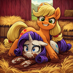 Size: 1536x1536 | Tagged: safe, imported from derpibooru, applejack, rarity, earth pony, pony, unicorn, ai content, ai generated, asserting dominance, barn, dirty, duo, duo female, evil grin, eyebrows down, female, frown, generator:stable diffusion, generator:stable noobai, grin, hatless, hay, horn, looking at someone, looking down, lying down, mare, missing accessory, mud, mud wrestling, muddy, muddy hooves, prompter:tyto4tme4l, prone, smiling, sports, sweat, sweatdrops, teeth, wood, wrestling