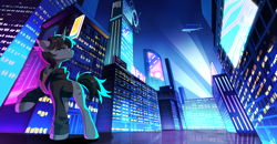 Size: 3330x1728 | Tagged: safe, artist:alus, imported from derpibooru, oc, oc only, oc:santander, pony, unicorn, clothes, commission, cyberpunk, hoodie, horn, looking back, raised hoof, sierra nevada, solo