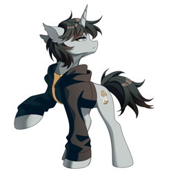 Size: 1432x1461 | Tagged: safe, artist:alus, imported from derpibooru, oc, oc only, oc:santander, pony, unicorn, blue eyes, clothes, commission, gray coat, gray mane, hoodie, horn, looking back, raised hoof, sierra nevada, simple background, solo, white background