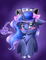 Size: 1589x2048 | Tagged: safe, artist:pozya1007, imported from derpibooru, princess luna, alicorn, pony, :3, blushing, bow, cat ears, cute, nya, open mouth, solo