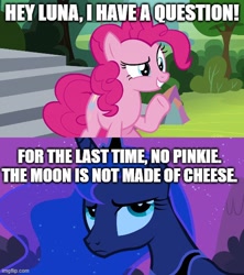 Size: 500x562 | Tagged: safe, edit, edited screencap, imported from derpibooru, screencap, pinkie pie, princess luna, alicorn, earth pony, pony, luna eclipsed, imgflip, implied cheese, luna is not amused, meme, moon, my little pony, question, raised hoof, unamused