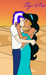 Size: 1100x1800 | Tagged: safe, alternate version, artist:linedraweer, imported from derpibooru, oc, oc:carlos, oc:lightning burn, human, equestria girls, aladdin, canon x oc, commission, desert, disney, disney princess, female, happy, humanized, kissing, male, princess jasmine, straight