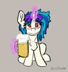 Size: 745x785 | Tagged: safe, artist:reddthebat, imported from derpibooru, dj pon-3, vinyl scratch, alicorn, pony, alcohol, beer, chest fluff, female, glasses, glasses on head, glowing, glowing horn, gray background, horn, levitation, looking at you, magic, mare, mug, signature, simple background, smiling, smiling at you, solo, sunglasses, telekinesis