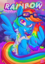 Size: 1448x2048 | Tagged: safe, artist:lilpinkghost, imported from derpibooru, rainbow dash, pegasus, fanfic:rainbow factory, clothes, fanfic art, female, lab coat, liquid rainbow, mare, rainbow factory dash, spectra, syringe