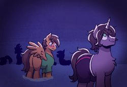 Size: 1576x1080 | Tagged: safe, artist:bkiltersot, derpibooru exclusive, imported from derpibooru, oc, oc:midnight scrawl, oc:toasty, pegasus, pony, unicorn, blushing, butt, clothes, duo, duo male, fur, gay, green eyes, horn, looking at butt, male, night, plot, shirt, silhouette, sparkles, sparkly eyes, spread wings, stallion, swimming trunks, swimsuit, water, wingding eyes, wings