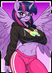 Size: 1240x1754 | Tagged: safe, artist:rekheadz, imported from derpibooru, twilight sparkle, alicorn, anthro, big breasts, breasts, clothes, glasses, hoodie, pants, twilight sparkle (alicorn)