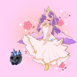 Size: 1000x1000 | Tagged: safe, artist:silky-mantis, imported from derpibooru, princess cadance, shining armor, hamster, human, alicorn humanization, bowtie, clothes, dress, duo, duo male and female, eyes closed, female, flower, horn, horned humanization, humanized, male, meme, messy mane, pink background, shiningcadance, shipping, simple background, smiling, straight, the bride and the ugly ass groom, wedding dress, winged humanization, wings