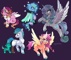 Size: 2864x2430 | Tagged: safe, artist:emera33, imported from derpibooru, hitch trailblazer, pipp petals, princess flurry heart, sunny starscout, alicorn, butterfly, dog, earth pony, pegasus, pony, unicorn, :3, alternate design, alternate universe, amputee, behaving like a dog, cape, chest fluff, chest marking, clothes, coat markings, dogified, ear scratch, evil flurry heart, floppy ears, frown, g5, gradient mane, gritted teeth, heart, heart mark, high res, horn, missing limb, misty brightdawn, older, older flurry heart, one eye closed, prosthetic leg, prosthetic limb, prosthetics, purple background, race swap, signature, simple background, sparky sparkeroni, species swap, standing on two hooves, sunnycorn, teeth, unshorn fetlocks