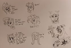 Size: 2048x1382 | Tagged: safe, artist:pony quarantine, imported from derpibooru, applejack, fluttershy, pinkie pie, rainbow dash, rarity, twilight sparkle, oc, earth pony, pegasus, pony, unicorn, arson, cloak, clothes, dialogue, drawn from memory, female, grayscale, halloween, holiday, horn, mane six, mare, monochrome, pen drawing, toothbrush, toothpaste, traditional art, trick or treat, vulgar