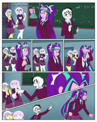 Size: 1600x2000 | Tagged: safe, artist:drake-rex, imported from derpibooru, aria blaze, fleur-de-lis, oc, oc:malicore, equestria girls, clothes, comic, commission, crystal prep academy, crystal prep academy uniform, school uniform, shadowbolts