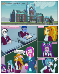 Size: 1600x2000 | Tagged: safe, artist:drake-rex, imported from derpibooru, adagio dazzle, aria blaze, sonata dusk, oc, oc:malicore, equestria girls, clothes, comic, commission, crystal prep academy, crystal prep academy uniform, crystal prep shadowbolts, school uniform, shadowbolts