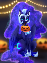 Size: 1536x2048 | Tagged: safe, artist:taiweiart, imported from derpibooru, nightmare moon, alicorn, pony, belly, blushing, concave belly, fangs, female, halloween, holiday, hoof shoes, jack-o-lantern, lights, mare, mouth hold, nightmare night, pumpkin, pumpkin bucket, sitting, slender, solo, thin