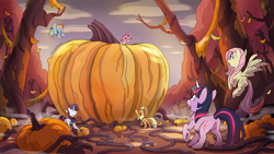 Size: 4096x2304 | Tagged: safe, artist:astrumaura, imported from derpibooru, applejack, fluttershy, pinkie pie, rainbow dash, rarity, twilight sparkle, earth pony, pegasus, pony, unicorn, applebutt, autumn, butt, clearing, falling leaves, female, flutterbutt, flying, forest, giant food, halloween, halloween 2024, high res, holiday, horn, leaves, mane six, mare, nature, open mouth, open smile, outdoors, plot, pumpkin, rearity, signature, smiling, tree, twibutt, unicorn twilight, waving