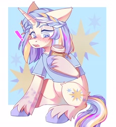 Size: 2607x2847 | Tagged: safe, artist:cheekipone, oc, oc only, pony, unicorn, braid, clothes, coffee, female, floppy ears, food, horn, latte, mare, multicolored hair, multicolored tail, open mouth, passepartout, shirt, sitting, solo, stars, surprised, unicorn oc, unshorn fetlocks