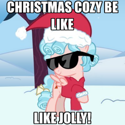 Size: 400x400 | Tagged: artist needed, safe, edit, imported from derpibooru, vector edit, cozy glow, pegasus, pony, caption, christmas, clothes, costume, female, filly, foal, golly, hat, holiday, impact font, meme, santa costume, santa hat, sky, snow, solo, sunglasses, swag, text, tree, vector