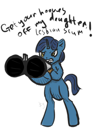 Size: 946x1244 | Tagged: artist needed, source needed, safe, imported from derpibooru, night light, unicorn, bipedal, double barreled shotgun, english, gun, horn, prpg, shotgun, text, weapon