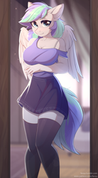 Size: 2768x5017 | Tagged: safe, artist:fensu-san, imported from derpibooru, oc, oc only, oc:storm feather, anthro, pegasus, adorasexy, arm under breasts, big breasts, blushing, bra, bra strap, breasts, cleavage, clothes, commission, crepuscular rays, curvy, cute, digital art, ear fluff, eyebrows, eyebrows visible through hair, female, legs, looking at you, mare, miniskirt, mirror, moe, ocbetes, off shoulder, partially open wings, pegasus oc, reflection, rule 63, sexy, shirt, signature, skirt, smiling, smiling at you, socks, solo, stockings, tail, thigh highs, thighs, underwear, wings, zettai ryouiki