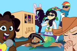 Size: 2084x1388 | Tagged: safe, artist:prixy05, imported from derpibooru, applejack, fluttershy, pinkie pie, rainbow dash, rarity, starlight glimmer, twilight sparkle, human, box, cardboard box, clothes, dark skin, draw the squad, female, humanized, light skin, mane six, microphone, moderate dark skin, money, shoes, sunglasses