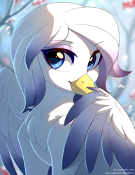 Size: 3824x4960 | Tagged: safe, artist:fensu-san, imported from derpibooru, oc, oc only, oc:glaucous, griffon, blurry background, bust, chest fluff, commission, cute, digital art, eyeshadow, female, griffon oc, looking at you, makeup, portrait, signature, smiling, smiling at you, snow, snowfall, solo, wings