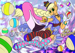 Size: 1500x1065 | Tagged: safe, artist:sepiakeys, imported from derpibooru, applejack, anthro, bird, flamingo, unguligrade anthro, alice in wonderland, bloomers, clothes, croquet, dress, fishnet clothing, fishnets, garter belt, socks, solo, stockings, thigh highs