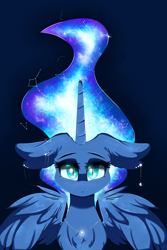 Size: 1280x1920 | Tagged: safe, artist:natanvok, imported from derpibooru, princess luna, alicorn, pony, bust, constellation, constellation hair, ethereal mane, female, floppy ears, looking at you, mare, partially open wings, portrait, slit pupils, solo, starry mane, wings