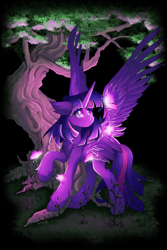 Size: 3000x4500 | Tagged: safe, artist:natanvok, imported from derpibooru, twilight sparkle, alicorn, butterfly, pony, absurd resolution, chest fluff, ear fluff, feather, hoof fluff, horn, large wings, raised hoof, solo, spread wings, standing, tree, twilight sparkle (alicorn), wings