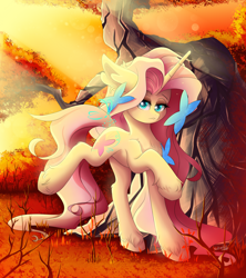 Size: 4000x4500 | Tagged: safe, artist:natanvok, imported from derpibooru, fluttershy, oc, oc:amaryllis breeze, pony, unicorn, chest fluff, ear fluff, female, fluttershy (g5 concept leak), g5 concept leaks, hoof fluff, horn, long legs, mare, outdoors, race swap, raised hoof, raised leg, solo, standing on two hooves, tail, tree, unicorn fluttershy