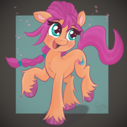 Size: 3500x3500 | Tagged: safe, artist:psfmer, imported from derpibooru, sunny starscout, earth pony, pony, abstract background, female, g5, high res, mare, open mouth, open smile, passepartout, smiling, solo, unshorn fetlocks