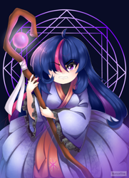 Size: 4200x5800 | Tagged: safe, artist:natanvok, imported from derpibooru, twilight sparkle, human, absurd resolution, angry, clothes, eye clipping through hair, eyebrows, eyebrows visible through hair, female, humanized, kimono (clothing), solo, staff