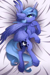 Size: 3000x4500 | Tagged: safe, artist:natanvok, imported from derpibooru, princess luna, alicorn, pony, body pillow, body pillow design, chest fluff, ear fluff, featureless crotch, hoof fluff, horn, indoors, leg fluff, lying down, missing accessory, on side, partially open wings, s1 luna, solo, tail, underhoof, wings