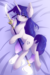 Size: 4000x6000 | Tagged: safe, artist:natanvok, imported from derpibooru, pony, unicorn, butt, dock, ear fluff, eyebrows, eyebrows visible through hair, featureless crotch, genshin impact, hoof fluff, horn, lying down, naginata, on side, plot, ponified, raiden shogun (genshin impact), solo, tail