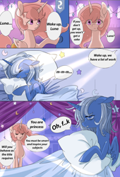 Size: 1000x1471 | Tagged: safe, artist:阿狼与甜食, edit, imported from derpibooru, princess celestia, princess luna, alicorn, pony, bed, blanket, comic, duo, duo female, eye clipping through hair, eyes closed, female, floppy ears, folded wings, hoof hold, indoors, mlp fim's fourteenth anniversary, open mouth, pillow, pink-mane celestia, sleeping, spread wings, translation, translator:shaddar, translator:wing regent, wings, young celestia, young luna