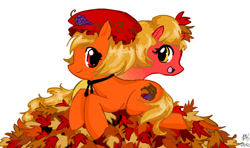 Size: 900x533 | Tagged: safe, artist:royal-guard-lover, imported from derpibooru, earth pony, pony, autumn, cute, duo, female, leaf, leaf pile, leaves, maple leaf, mare, minoriko aki, ponified, shizuha aki, siblings, simple background, sisters, touhou, white background