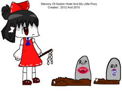 Size: 827x648 | Tagged: safe, artist:dhooper20, imported from derpibooru, human, 2024, artist is a slowpoke, beating a dead horse, end of ponies, female, gravestone, hakurei reimu, hazbin hotel, human female, sad, shitposting, simple background, touhou, white background