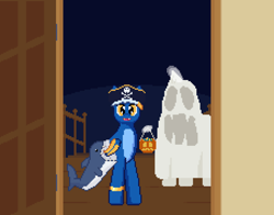 Size: 1380x1080 | Tagged: safe, artist:nitobit, imported from derpibooru, oc, oc:moonlight wane, bat pony, ghost, undead, unicorn, clothes, costume, digital art, door, halloween, hat, holiday, horn, mlp fim's fourteenth anniversary, pirate, pirate hat, pixel art, plushie, shark plushie, trick or treat