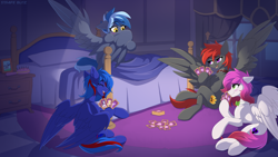 Size: 3840x2160 | Tagged: safe, artist:rainbowfire, imported from derpibooru, oc, oc only, oc:ellie berryheart, oc:pixi feather, oc:redline lightwing, oc:rosetta hask, pegasus, pony, bed, bedroom, bedsheets, blushing, bowtie, card game, choker, concave belly, hoof hold, horny, sitting, smiling, spread wings, wings