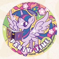 Size: 541x541 | Tagged: safe, imported from derpibooru, twilight sparkle, alicorn, badge, book, friendship journal, hat, kayou, merchandise, official, party hat, spread wings, twilight sparkle (alicorn), wings, wrong neighborhood