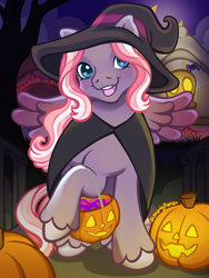 Size: 1800x2400 | Tagged: safe, artist:sparkytopia, imported from derpibooru, starsong, pegasus, pony, blue eyes, cape, clothes, colored wings, costume, g3, gradient wings, halloween, halloween costume, hat, holiday, jack-o-lantern, looking at you, open mouth, open smile, pink mane, pumpkin, purple coat, signature, smiling, solo, trick or treat, unshorn fetlocks, wings, witch costume, witch hat