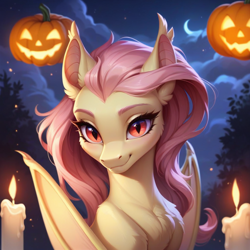 Size: 1024x1024 | Tagged: safe, imported from derpibooru, fluttershy, bat pony, pegasus, pony, ai content, ai generated, bat ponified, candle, flutterbat, generator:pony diffusion v6 xl, generator:stable diffusion, halloween, holiday, jack-o-lantern, nightmare night, prompter:teonanakatle, pumpkin, race swap, solo