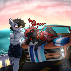 Size: 1280x1280 | Tagged: safe, artist:fluffyghost, imported from derpibooru, oc, oc:linix, oc:wrench, anthro, changeling, earth pony, anthro oc, car, female, male, mare, red changeling, stallion