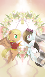 Size: 965x1667 | Tagged: safe, artist:gashiboka, imported from derpibooru, oc, oc only, earth pony, pegasus, pony, bell, duo, everfree tarot, major arcana, marriage, tarot, tarot card, the lovers, wedding, wreath