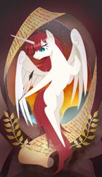 Size: 965x1667 | Tagged: safe, artist:gashiboka, imported from derpibooru, oc, oc only, oc:fausticorn, alicorn, pony, alicorn oc, everfree tarot, female, horn, major arcana, mare, quill, scroll, solo, tarot, tarot card, the world, wings