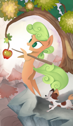 Size: 965x1667 | Tagged: safe, artist:gashiboka, imported from derpibooru, oc, oc only, dog, earth pony, pony, apple, everfree tarot, food, major arcana, tarot, tarot card, the fool, walking stick