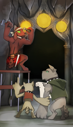 Size: 965x1667 | Tagged: safe, artist:gashiboka, imported from derpibooru, diamond dog, pony, archway, chisel, collar, everfree tarot, hammer, minor arcana, scaffold, three of coins, three of diamonds