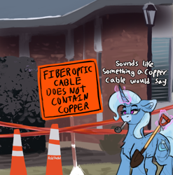 Size: 1508x1524 | Tagged: safe, artist:reddthebat, imported from derpibooru, trixie, pony, unicorn, crack pipe, female, glowing, glowing horn, horn, levitation, magic, mare, mouth hold, pipe, shovel, sign, solo, telekinesis, traffic cone