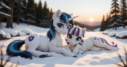 Size: 3360x1792 | Tagged: safe, imported from derpibooru, shining armor, twilight velvet, unicorn, ai content, ai generated, anonymous prompter, chest fluff, cute, duo, ear fluff, female, generator:pony realism 2.1, horn, looking at you, lying down, male, mare, mother and child, mother and son, photorealistic, prompt in description, prompt in metadata, prone, realistic, smiling, snow, stallion, sunset, tree, two toned mane, unshorn fetlocks