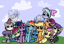 Size: 2048x1412 | Tagged: safe, artist:ewoudcponies, imported from derpibooru, applejack, doctor whooves, flitter, fluttershy, maud pie, octavia melody, pinkie pie, rainbow dash, roseluck, star dancer, sunny starscout, time turner, twilight sparkle, alicorn, earth pony, pegasus, pony, female, g5, group, looking at you, lying down, mare, no iris, prone, simple background, sketch, sploot, wip