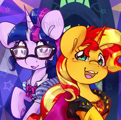 Size: 2000x1972 | Tagged: safe, artist:midnightpremiere, imported from derpibooru, sci-twi, sunset shimmer, twilight sparkle, pony, unicorn, equestria girls, clothes, cute, duo, duo female, equestria girls outfit, equestria girls ponified, female, horn, looking at you, mare, open mouth, open smile, ponified, shimmerbetes, smiling, smiling at you, twiabetes, unicorn sci-twi, watermark